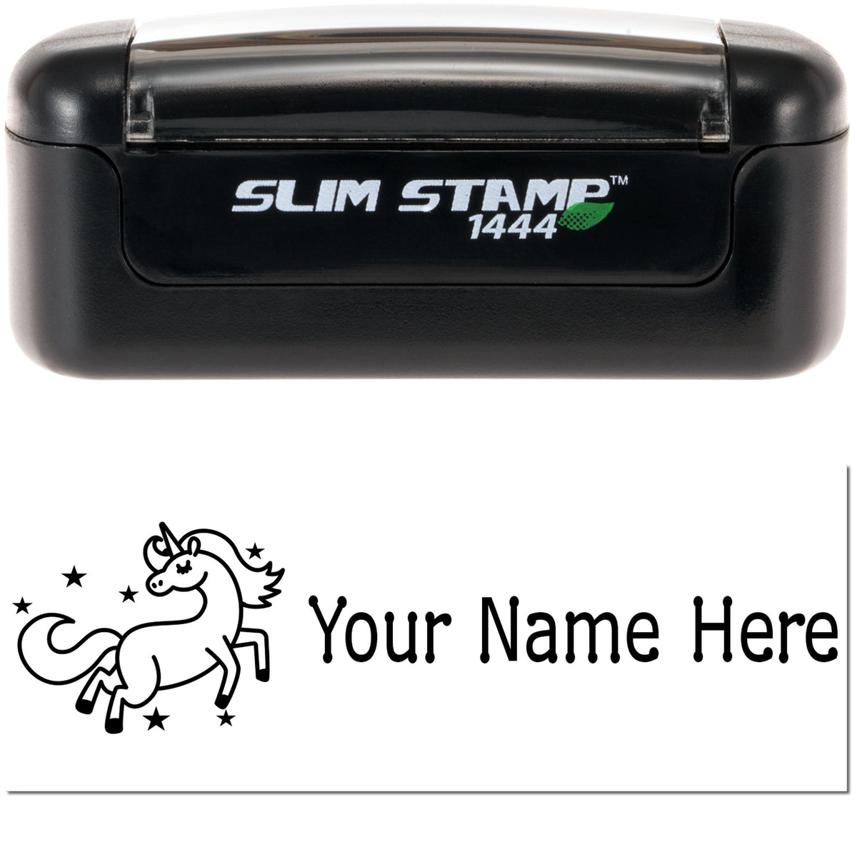 Black Slim Stamp 1444 self-inking stamp with white unicorn name seal design on a white background