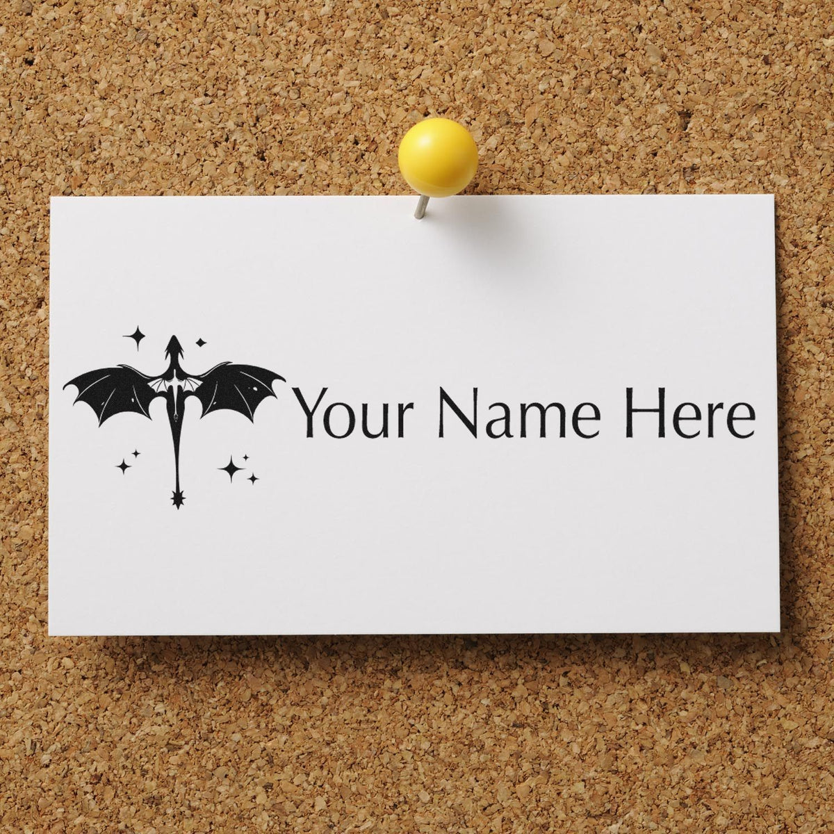Custom stamp and seal design with black bat logo and Your Name Here on white card, pinned by a yellow pushpin.