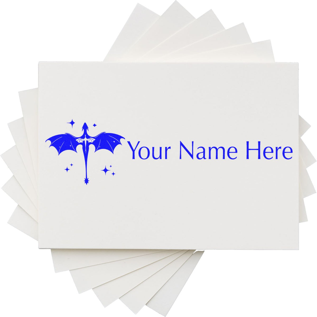White stamp and seal product stack with blue dragon logo and blue Your Name Here text on a white card