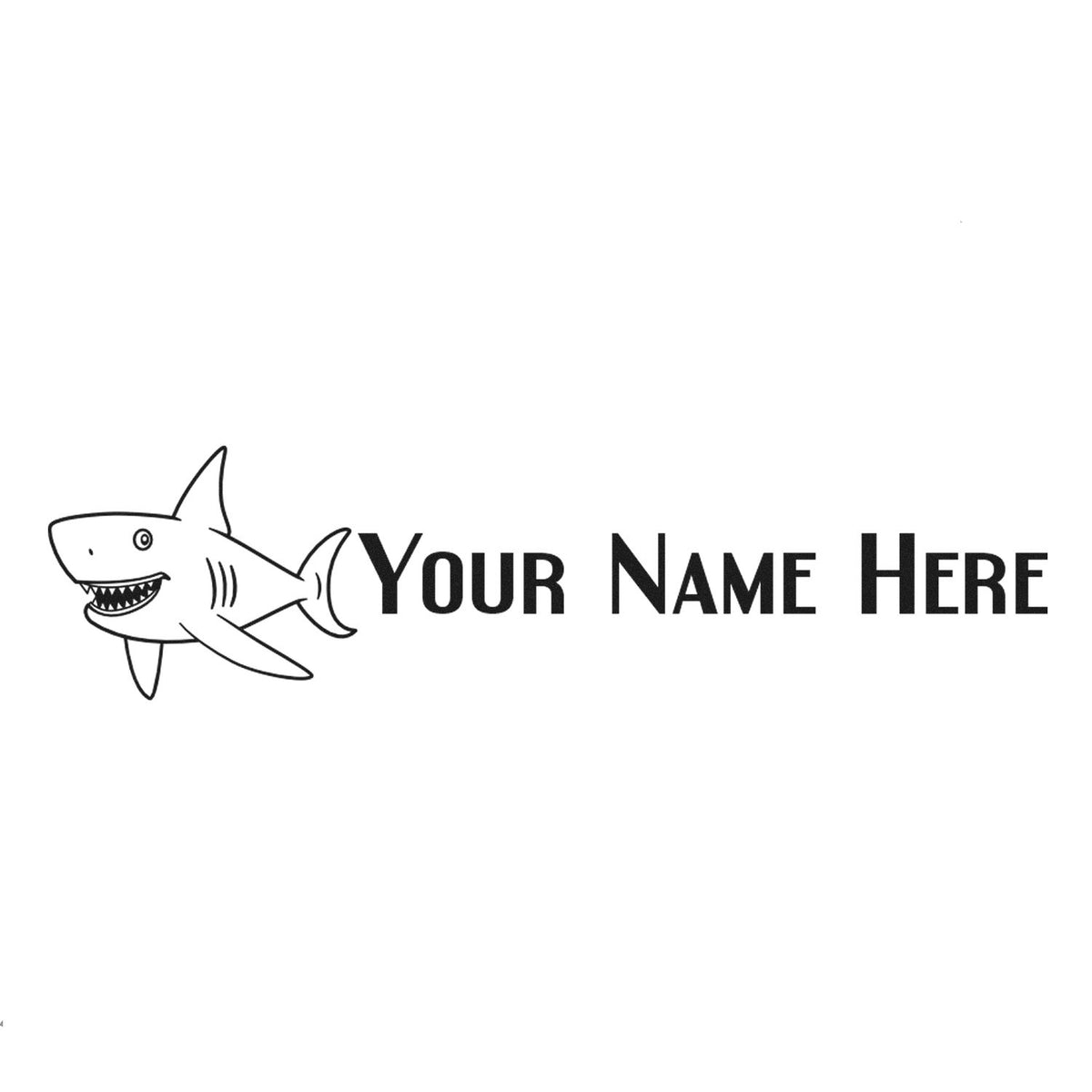 Black custom stamp seal design with a shark graphic and bold Your Name Here text on a white background.