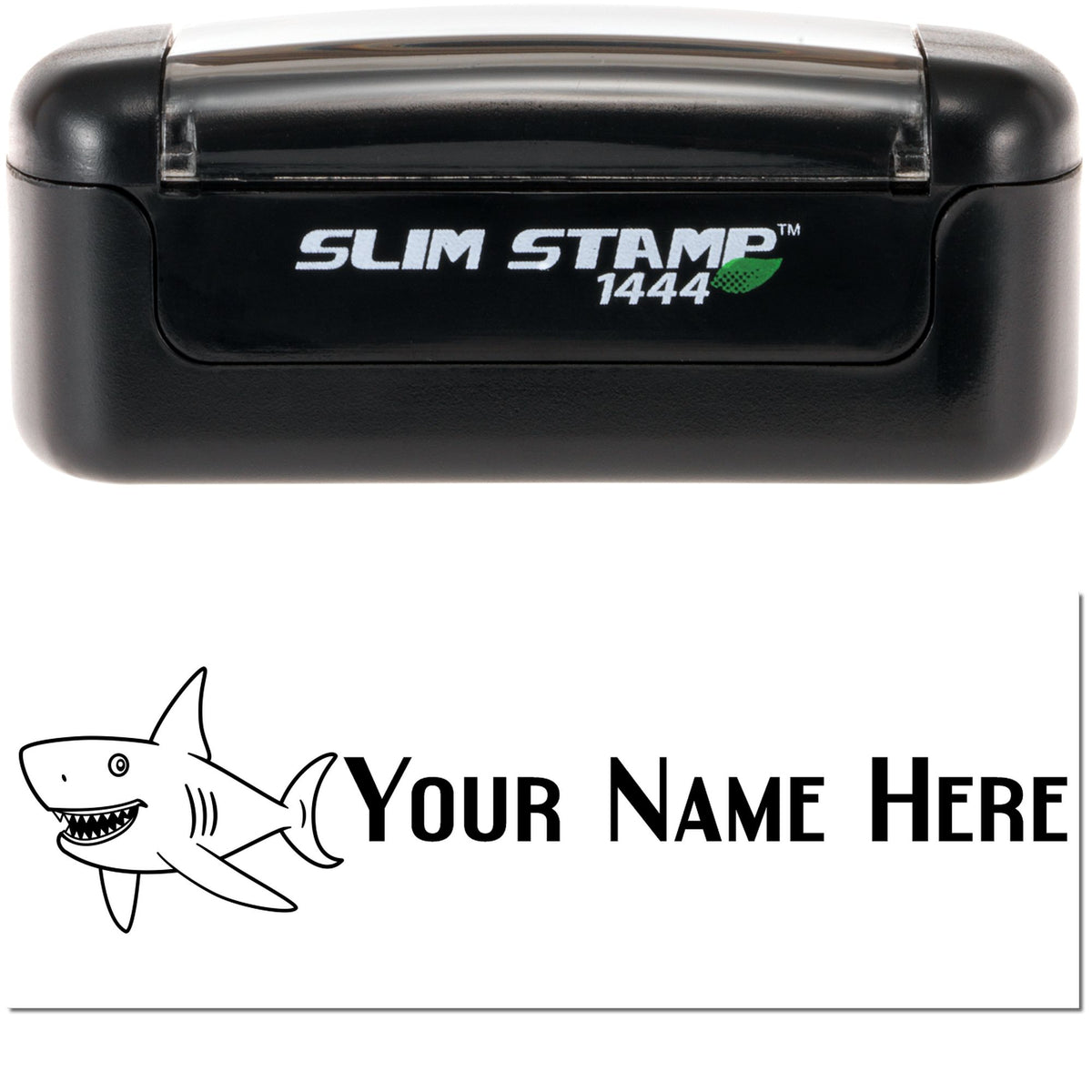Black Slim Stamp 1444 self-inking stamp with white logo and sample shark imprint reading Your Name Here.