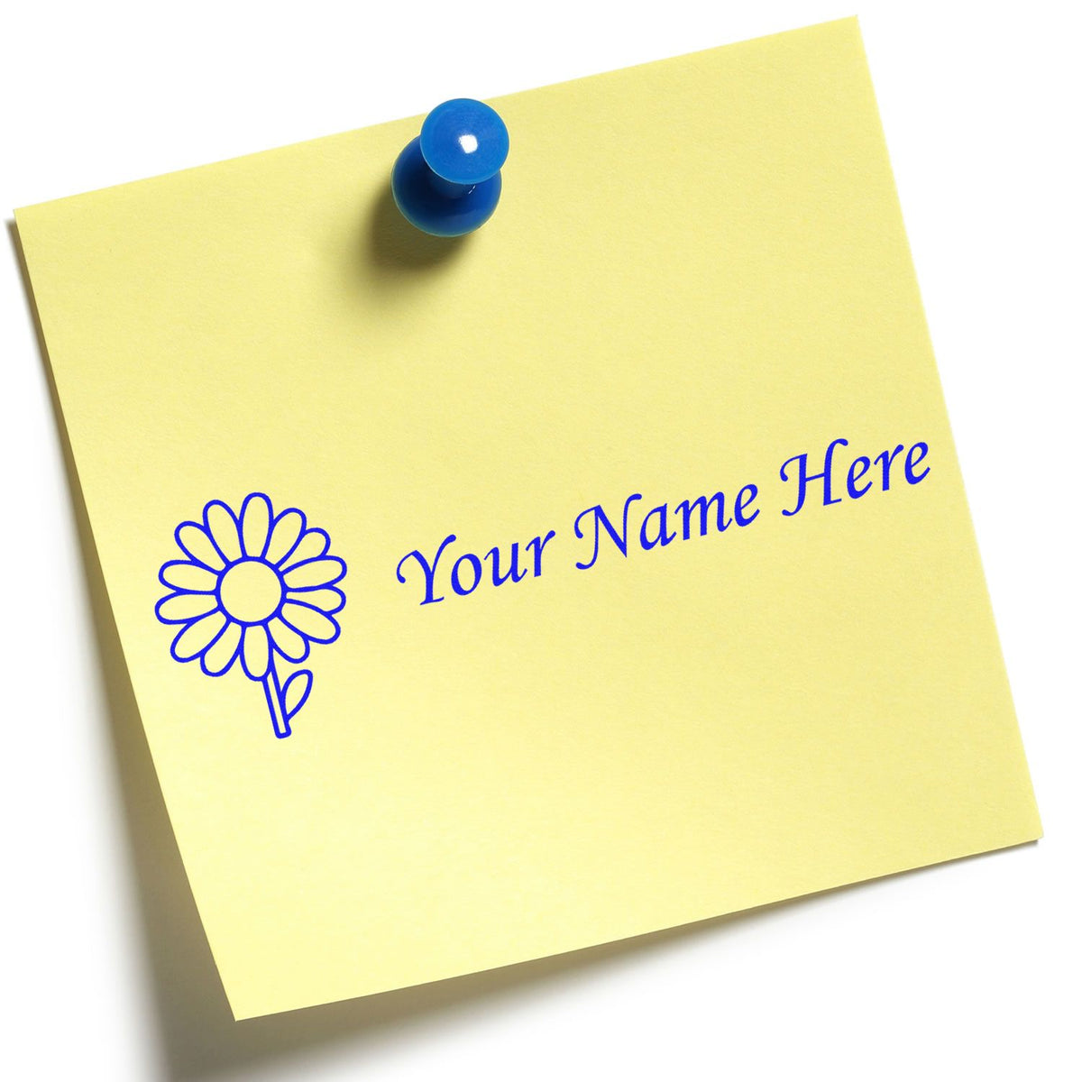Yellow sticky note with blue pushpin, custom blue flower stamp and Your Name Here seal text