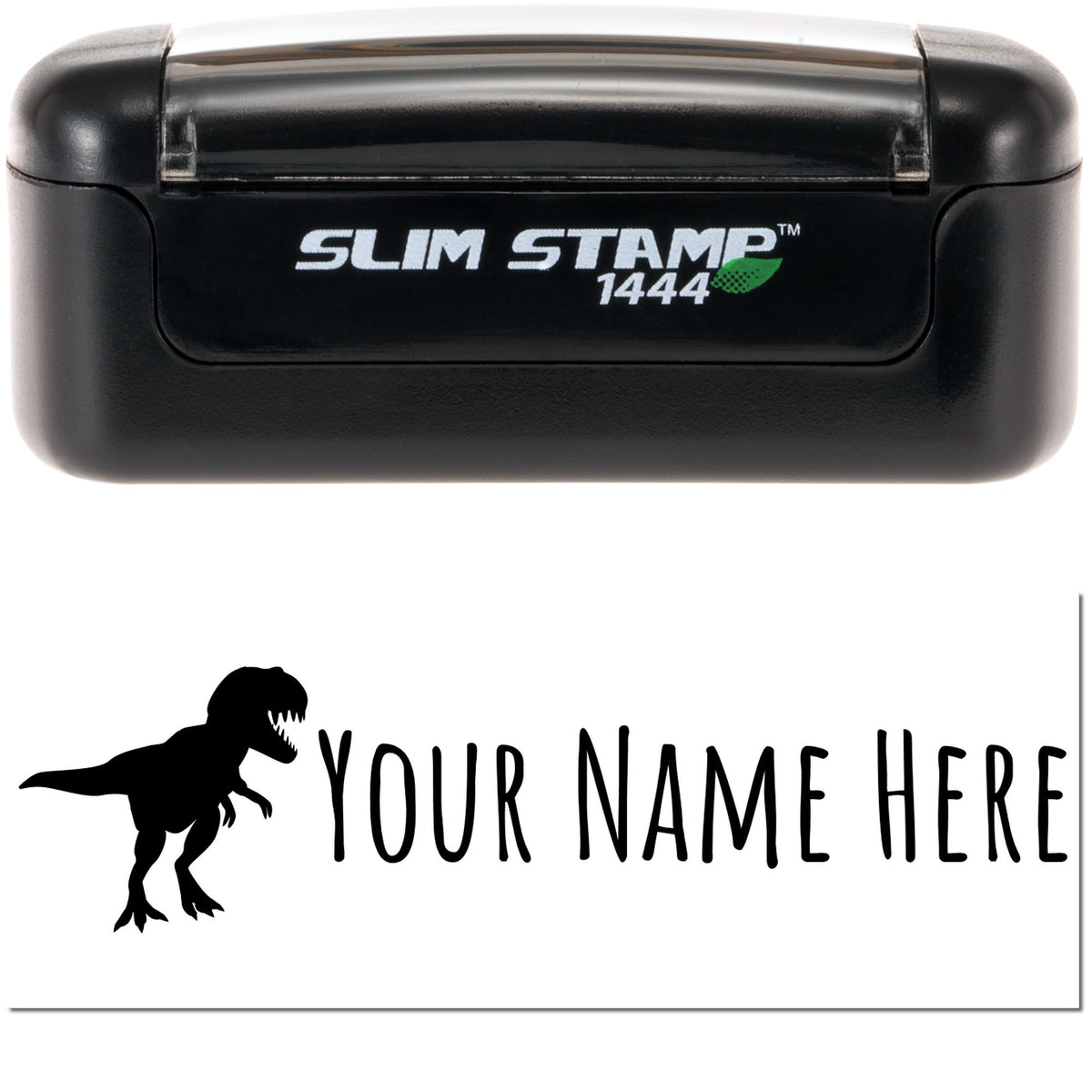 Black Slim Stamp 1444 self-inking stamp and white custom seal with black T-Rex and Your Name Here text.