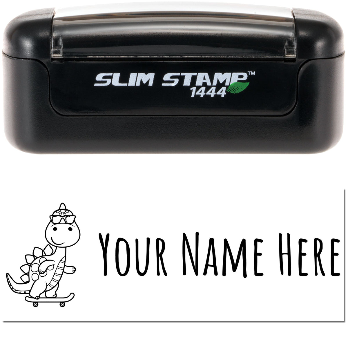 Black Slim Stamp 1444 self-inking stamp with custom seal, dinosaur skateboard design, and "Your Name Here" text.