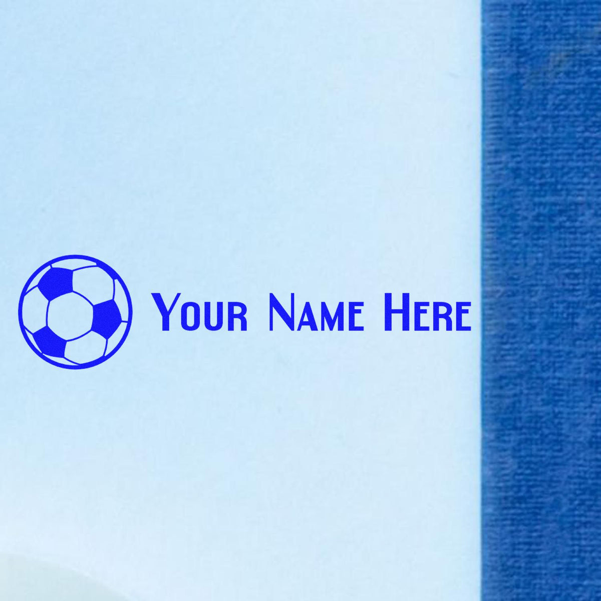 Blue custom stamp seal with soccer ball icon and Your Name Here text on a white background.