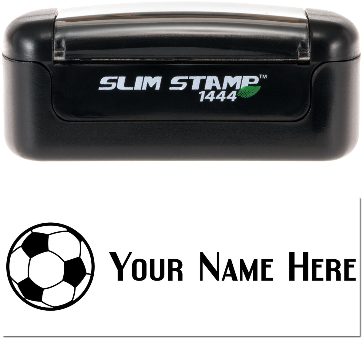 Black Slim Stamp 1444 self-inking stamp with green leaf logo and custom soccer ball seal reading Your Name Here.