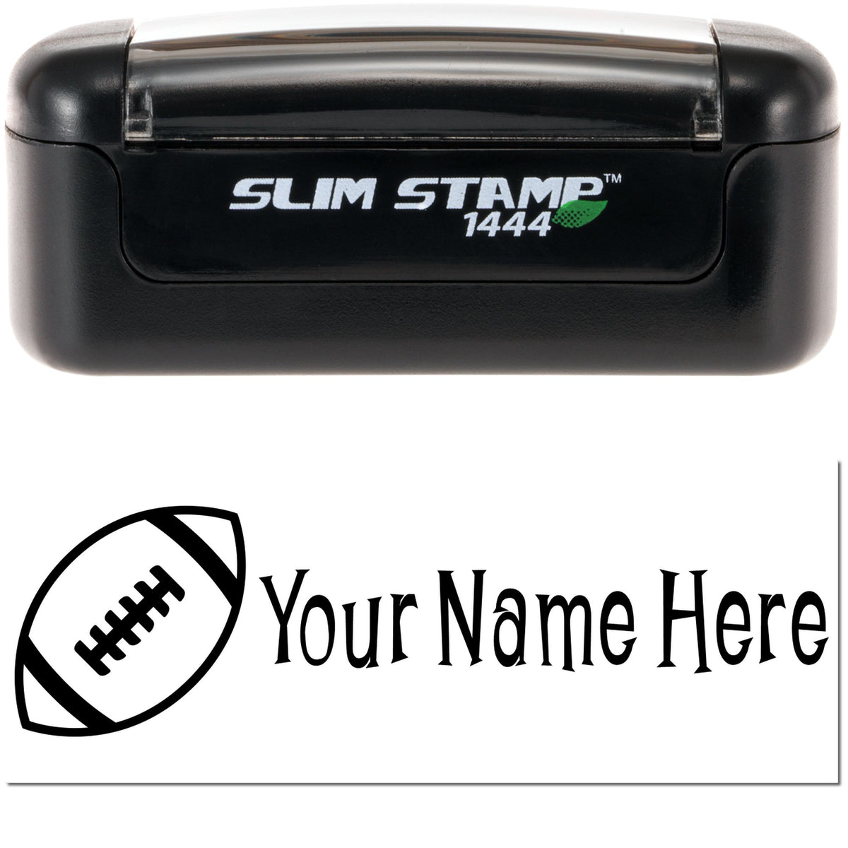 Black Slim Stamp 1444 self-inking stamp with green leaf logo and custom football seal design reading Your Name Here