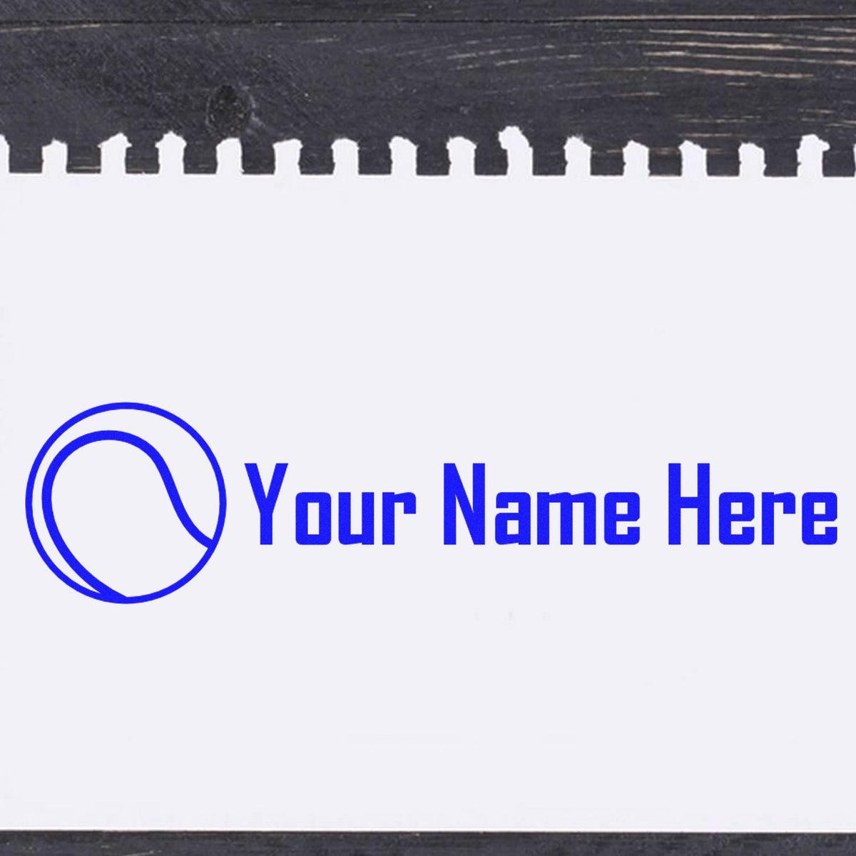 Custom stamp seal design with blue circular logo and Your Name Here on white, framed by black textured edges.