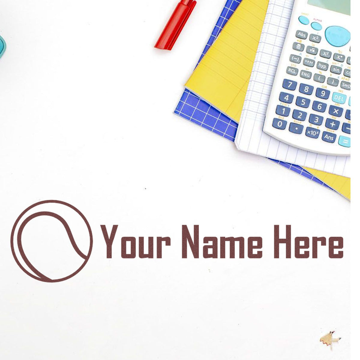 Custom brown stamp and seal logo with circular emblem and Your Name Here, beside calculator, notebooks, and red pen.