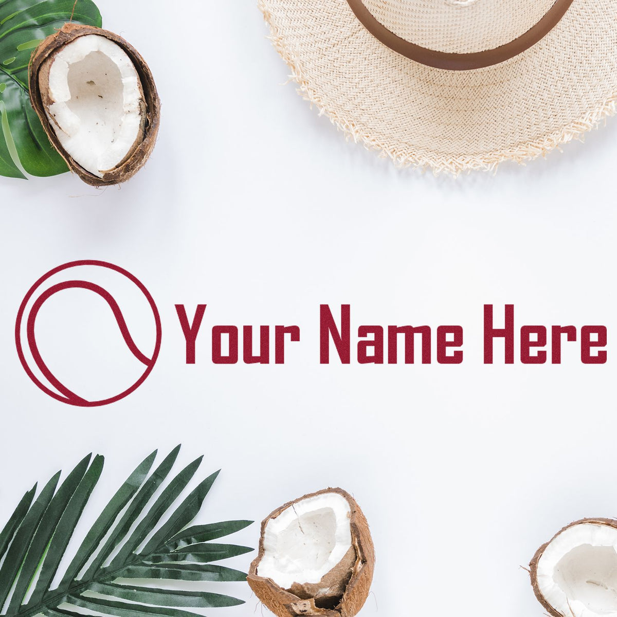 Red custom stamp and seal branding mockup with coconuts, green palm leaves, and a straw hat on white background.