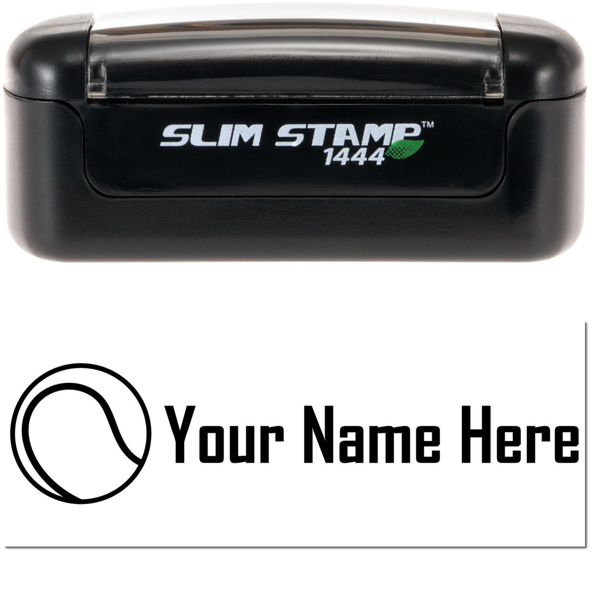 Black Slim Stamp 1444 self-inking stamp with green leaf logo and custom seal design, Your Name Here text