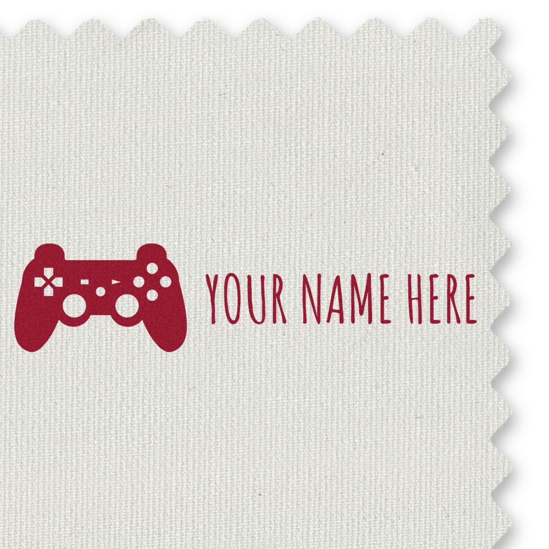 Custom red stamp and seal with game controller icon and YOUR NAME HERE on white textured background.