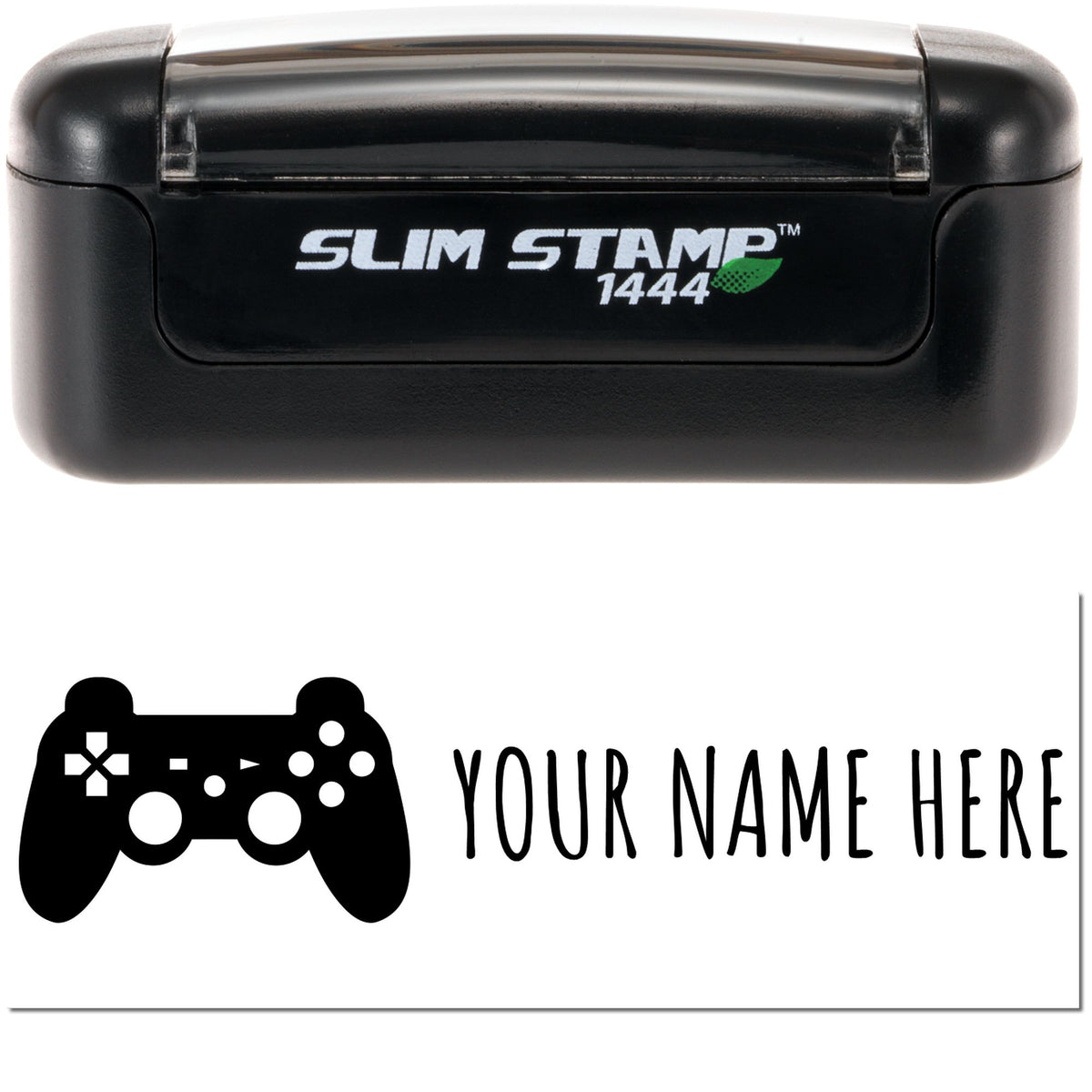 Black Slim Stamp 1444 self-inking stamp with custom game controller seal and Your Name Here text.