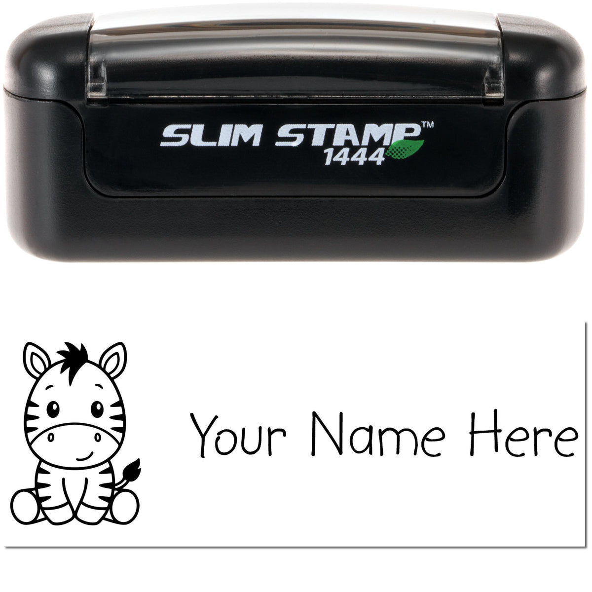 Black Slim Stamp 1444 self-inking stamp with zebra name seal imprint and Your Name Here on white background.