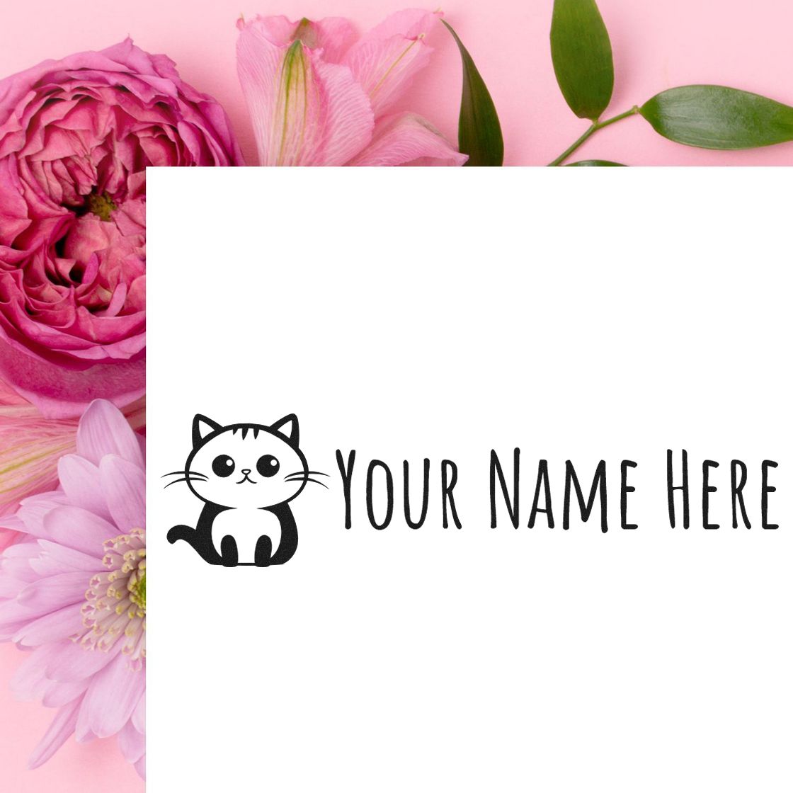Custom stamp and seal with black cat logo and YOUR NAME HERE on a white card, framed by pink flowers.