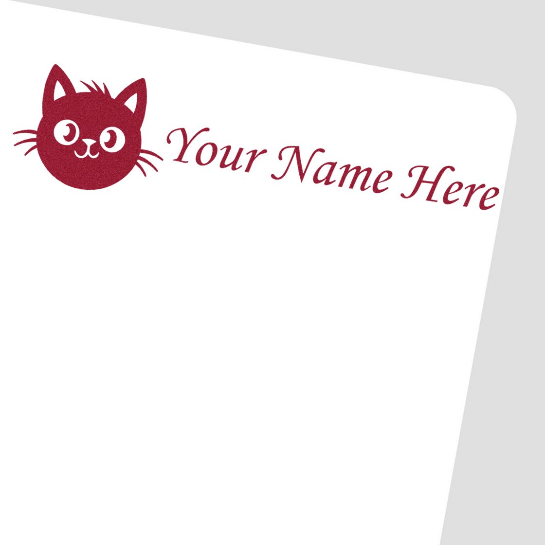 Burgundy cat logo stamp with script 'Your Name Here' on white, customizable stamp and seal product