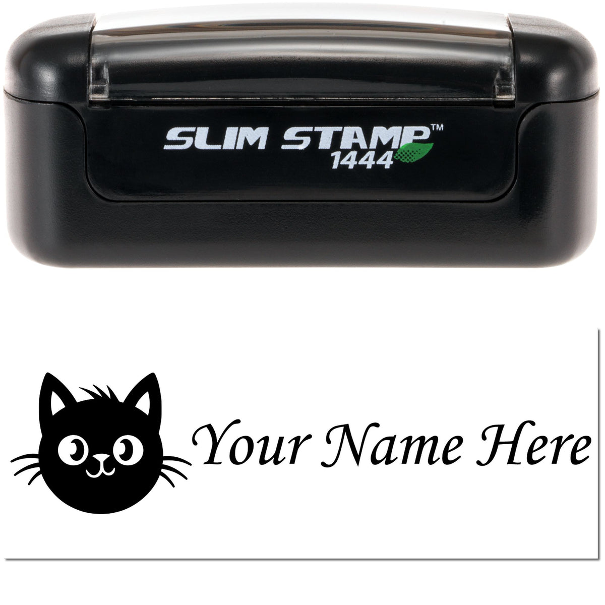 Black Slim Stamp 1444 with cat seal and customizable name, featuring white text and a green leaf accent.