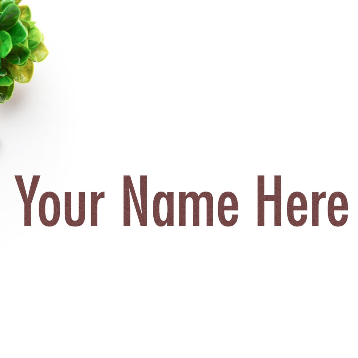Custom name stamp and seal design on white background with brown Your Name Here text and green floral accent.