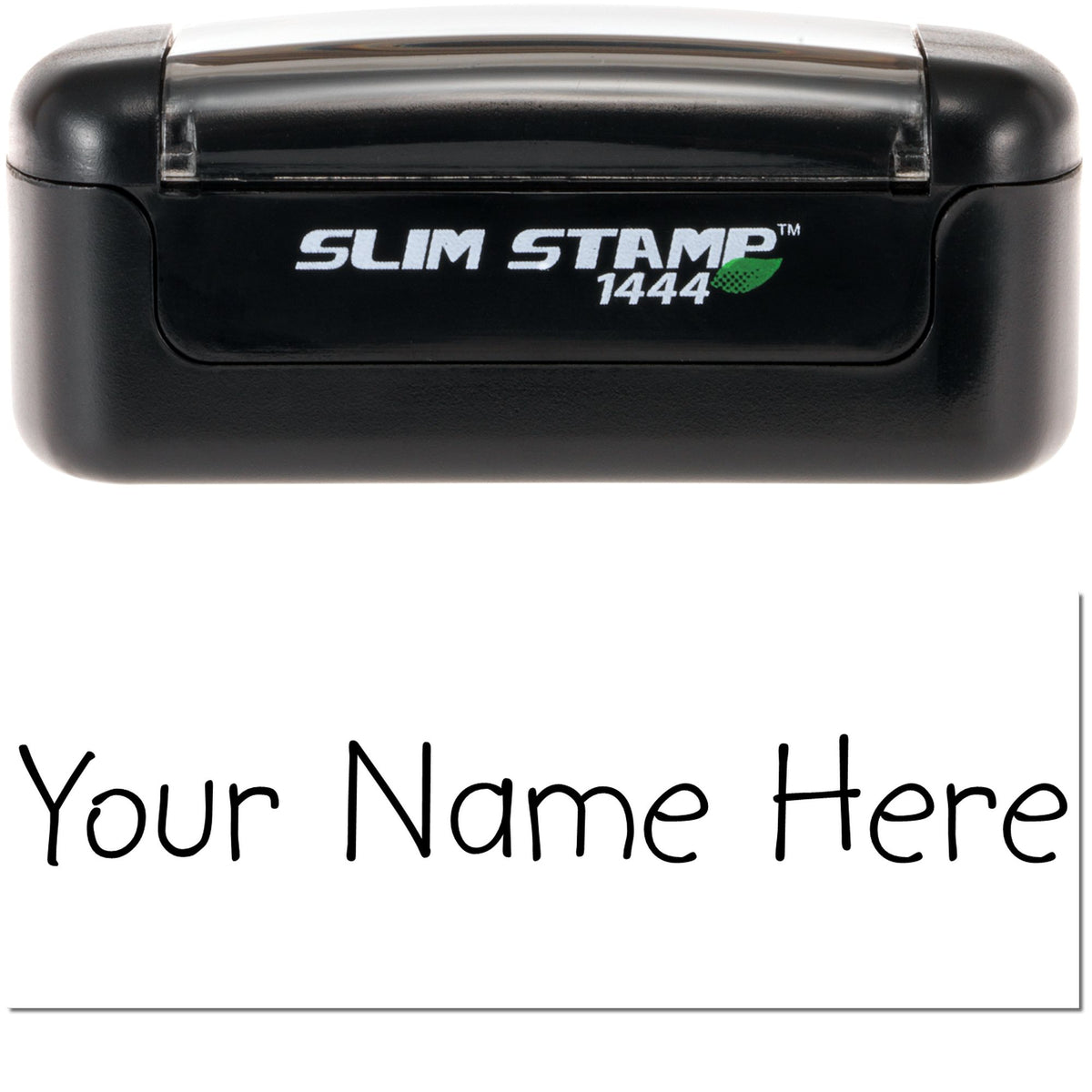 Black Slim Stamp 1444 self-inking stamp with white and green logo, custom name area, and clear protective cover