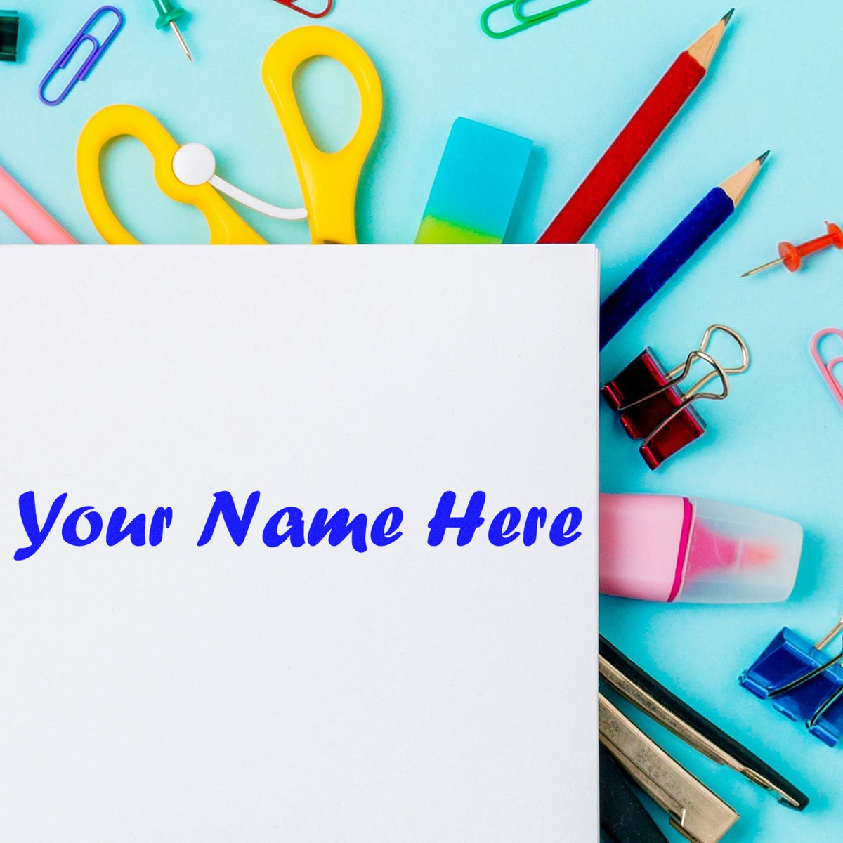 Custom stamp and seal product display with white card, blue text, yellow handles, and colorful office supplies on teal background.