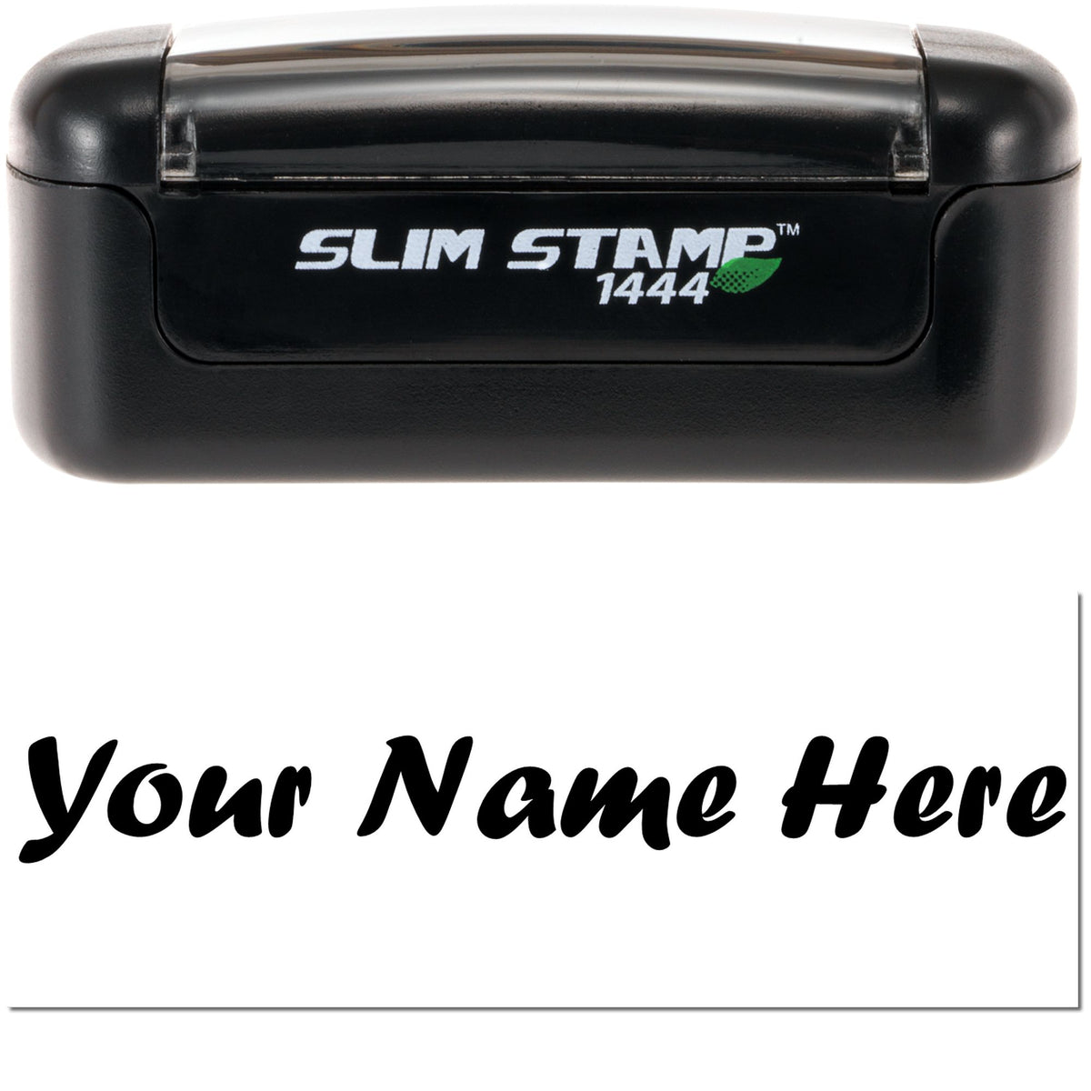 Black Slim Stamp 1444 self-inking name seal with white lettering, green leaf icon, and custom Your Name Here text.
