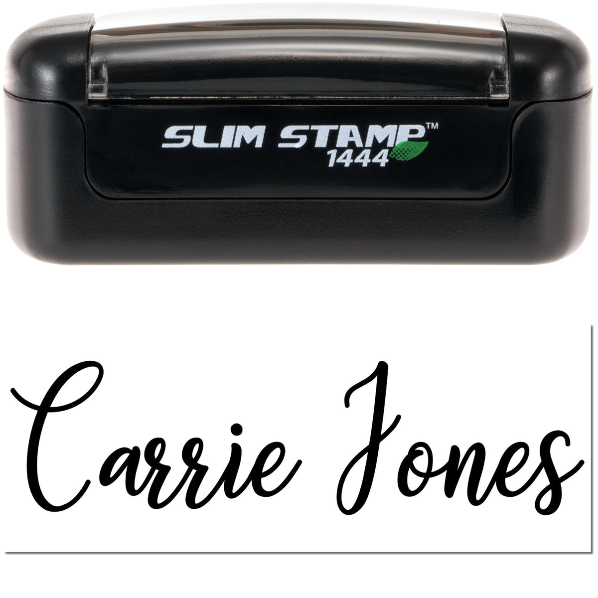 Black Slim Stamp 1444 custom self-inking seal with white branding and cursive Carrie Jones imprint.