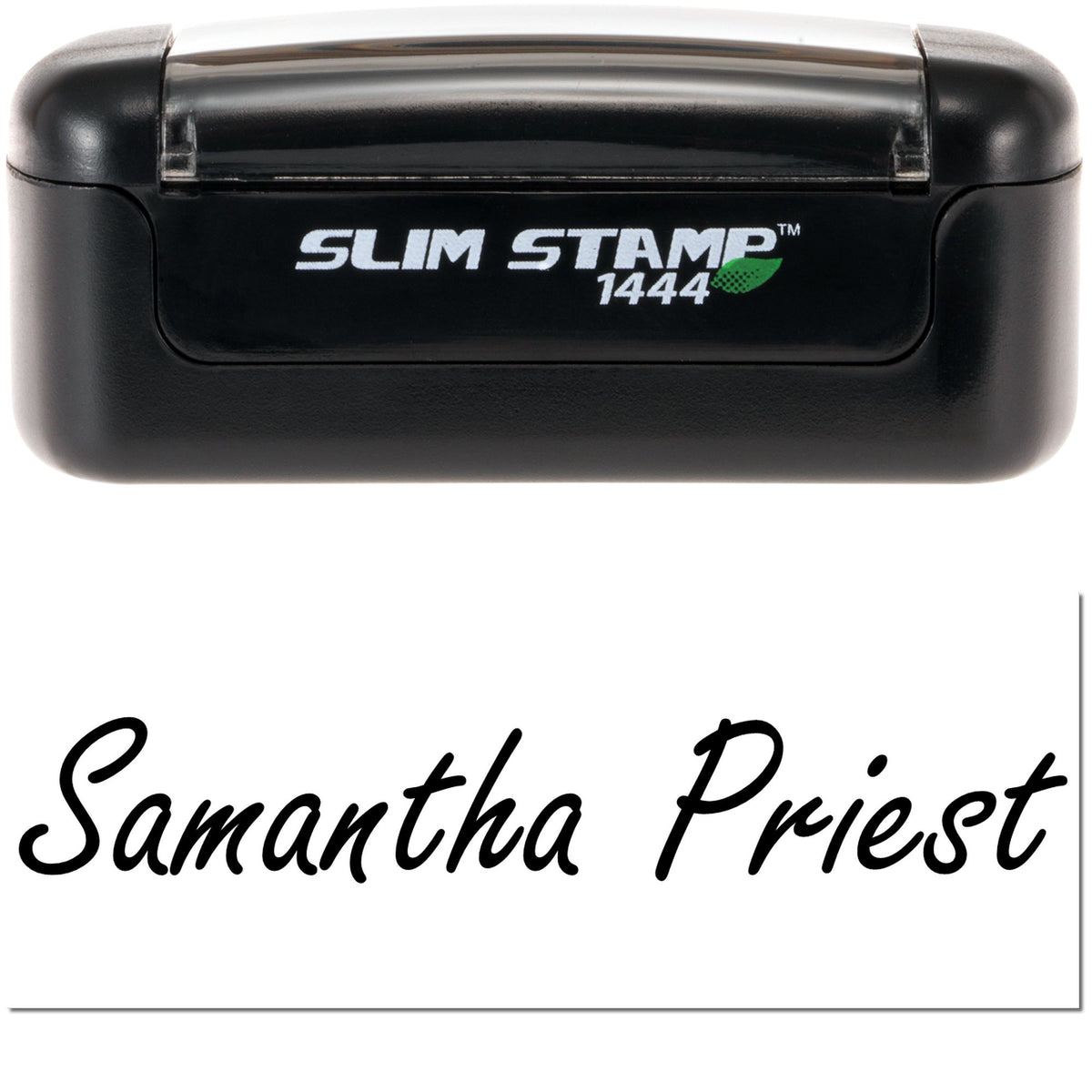 Black Slim Stamp 1444 self-inking stamp with white branding and black script impression reading Samantha Priest.