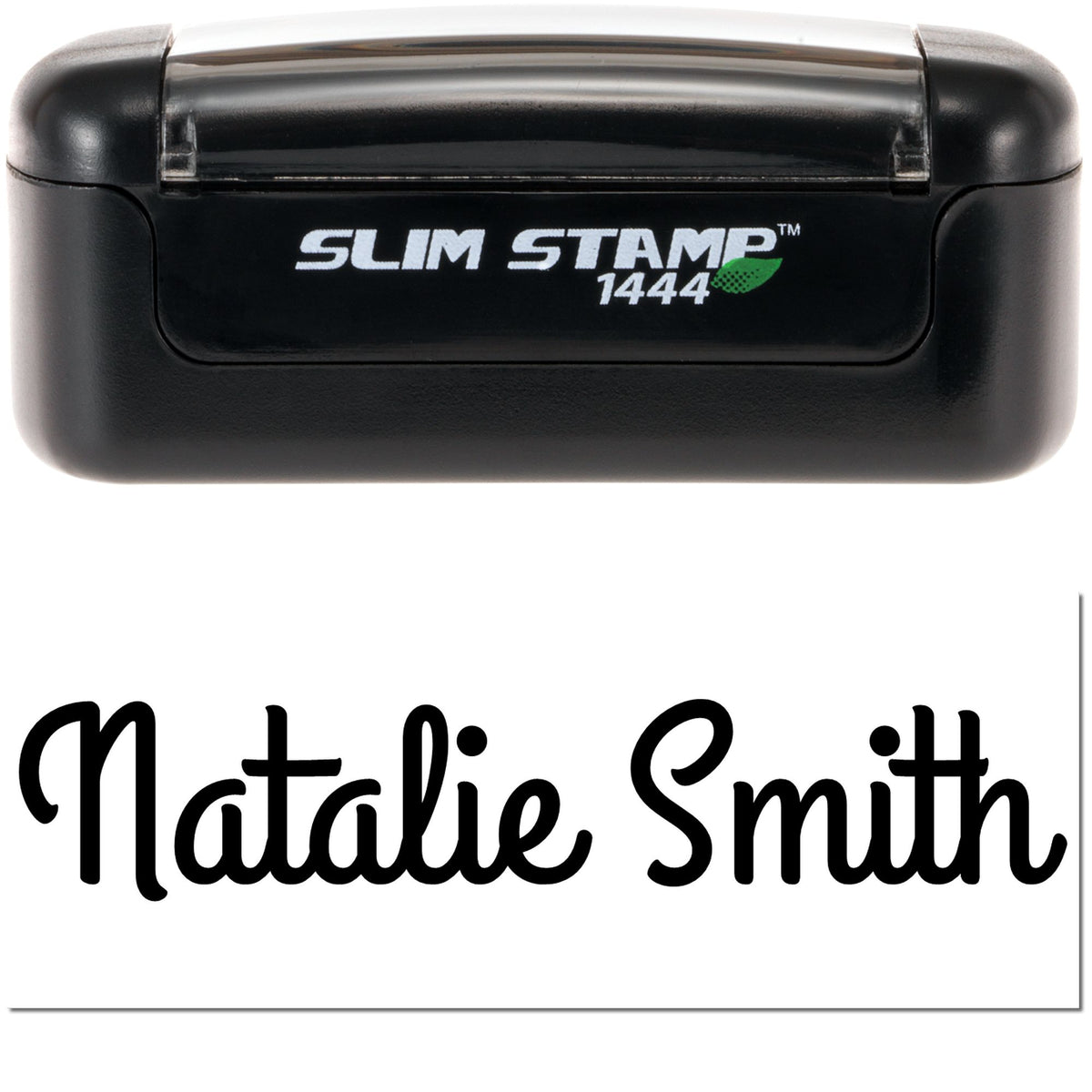 Black Slim Stamp 1444 self-inking stamp and seal with white Natalie Smith text on a clear case.
