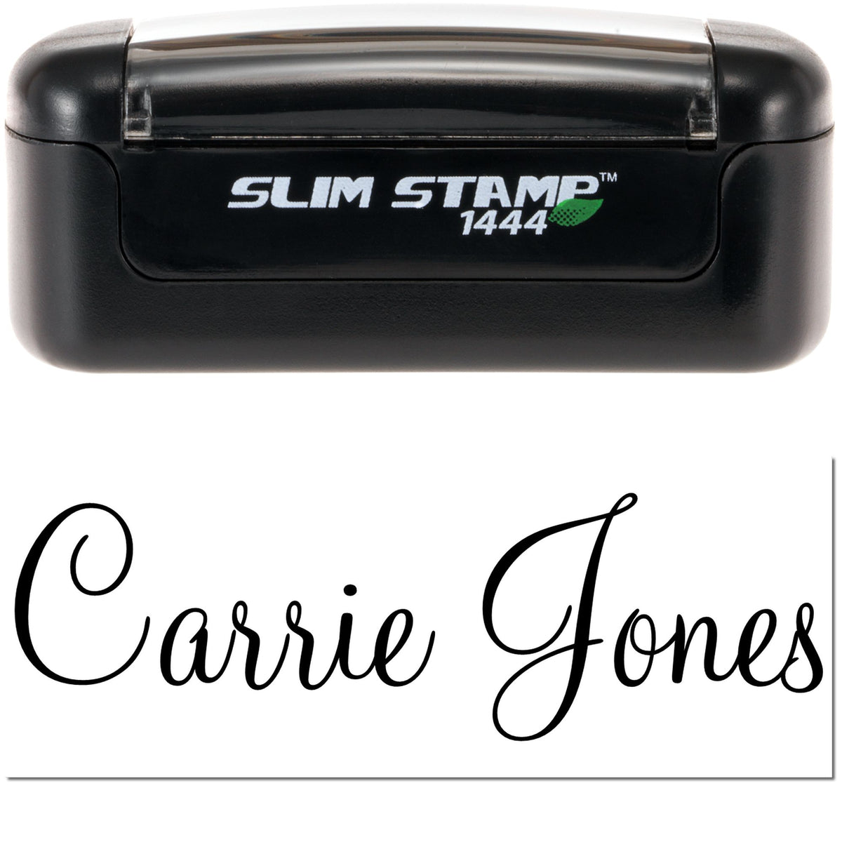Black Slim Stamp 1444 self-inking stamp with white logo and green leaf, showing a signature seal for Carrie Jones on white paper.