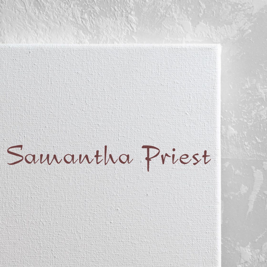 Maroon script stamp and seal reading Samantha Priest on white textured background