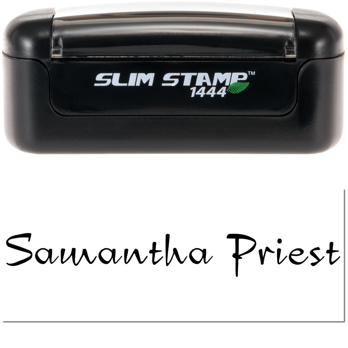 Black Slim Stamp 1444 self-inking seal in black, white logo, and green leaf, showing Samantha Priest signature.