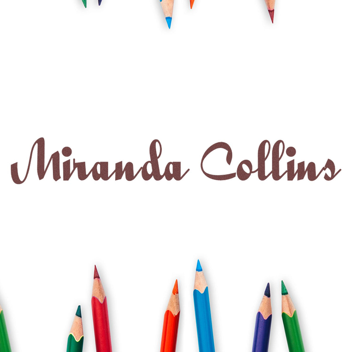 Miranda Collins brown script name stamp and seal design framed by colorful pencil tips on a white background