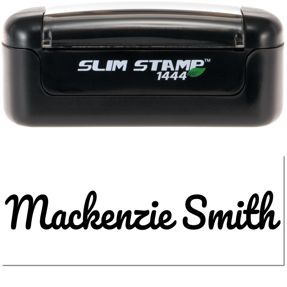 Black Slim Stamp 1444 self-inking stamp and seal with white logo and custom name Mackenzie Smith