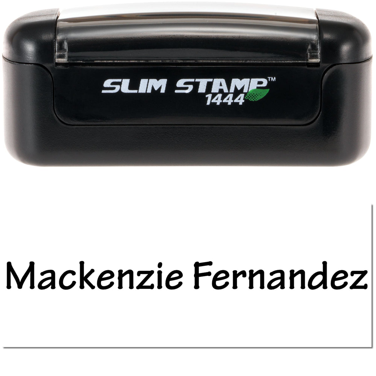 Black Slim Stamp 1444 self-inking name seal, black casing with white text and green leaf logo on white background.