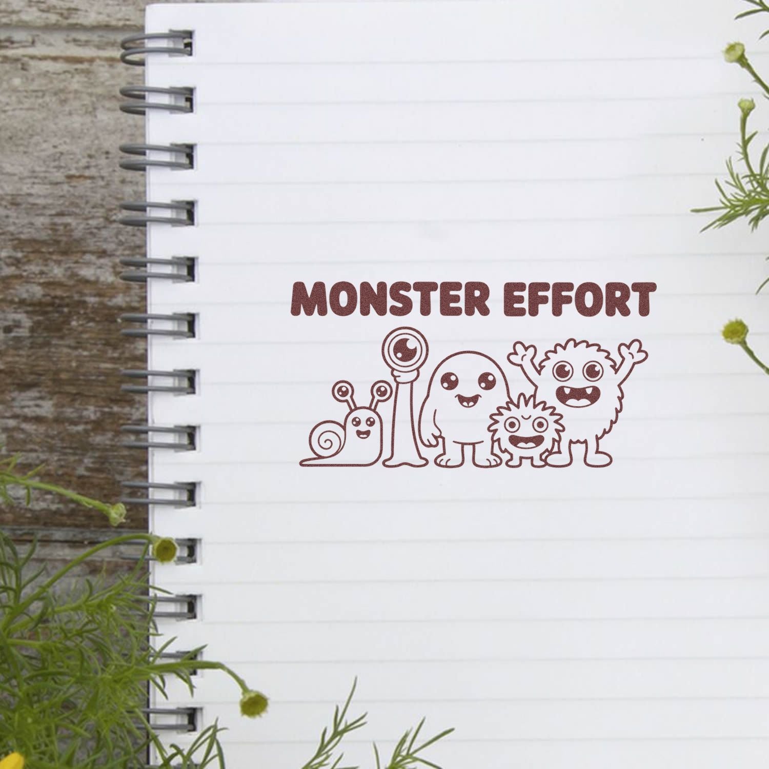 Brown rubber stamp seal reading Monster Effort with cute cartoon monsters on a white spiral notebook, framed by green plants.