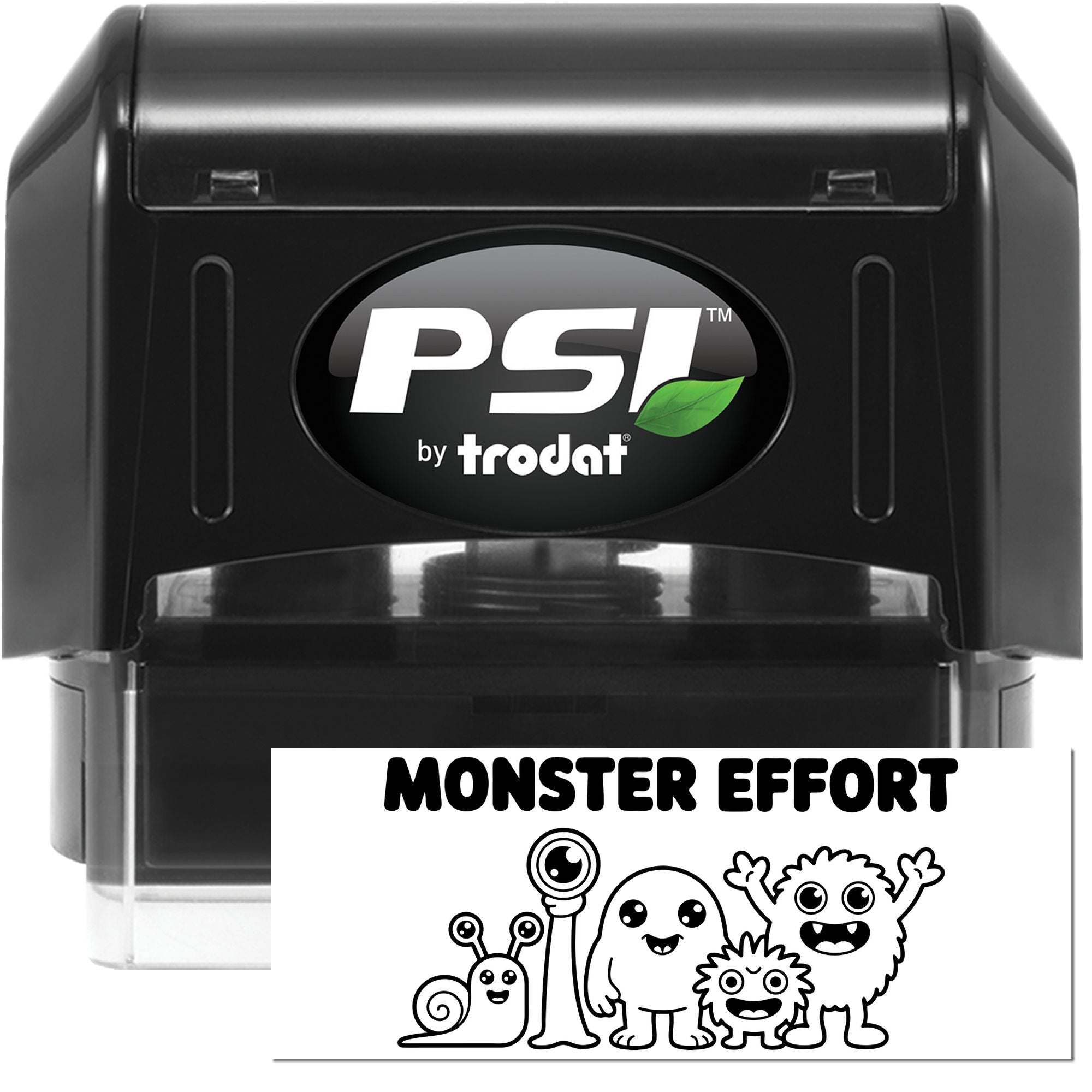 Black PSI by Trodat self-inking stamp and seal set with green leaf logo and Monster Effort imprint sample.