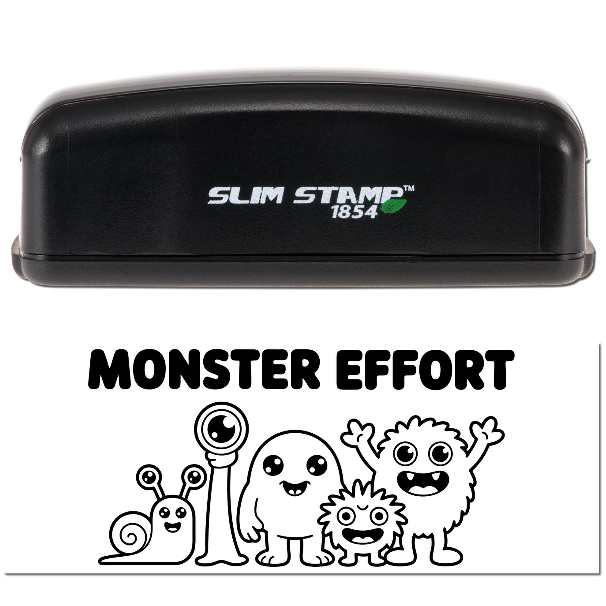 Black Slim Stamp 1854 self-inking stamp with Monster Effort seal design and cute black-and-white monster characters.