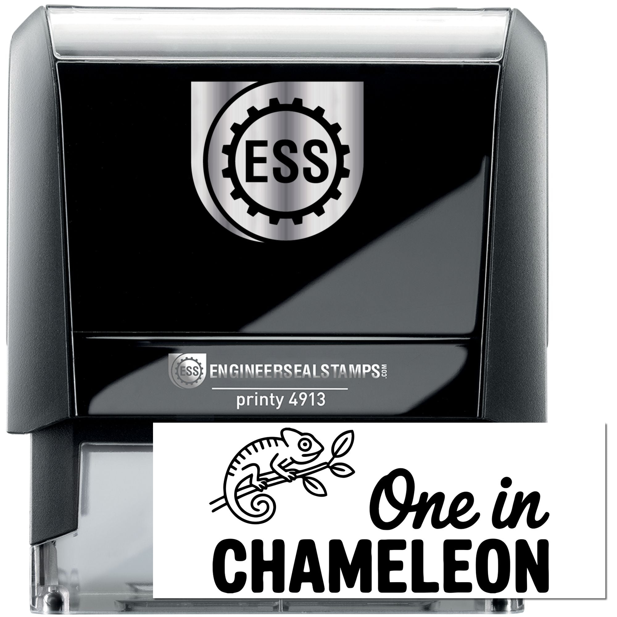 Black and gray self-inking engineer seal stamp with ESS logo and chameleon One in CHAMELEON impression.