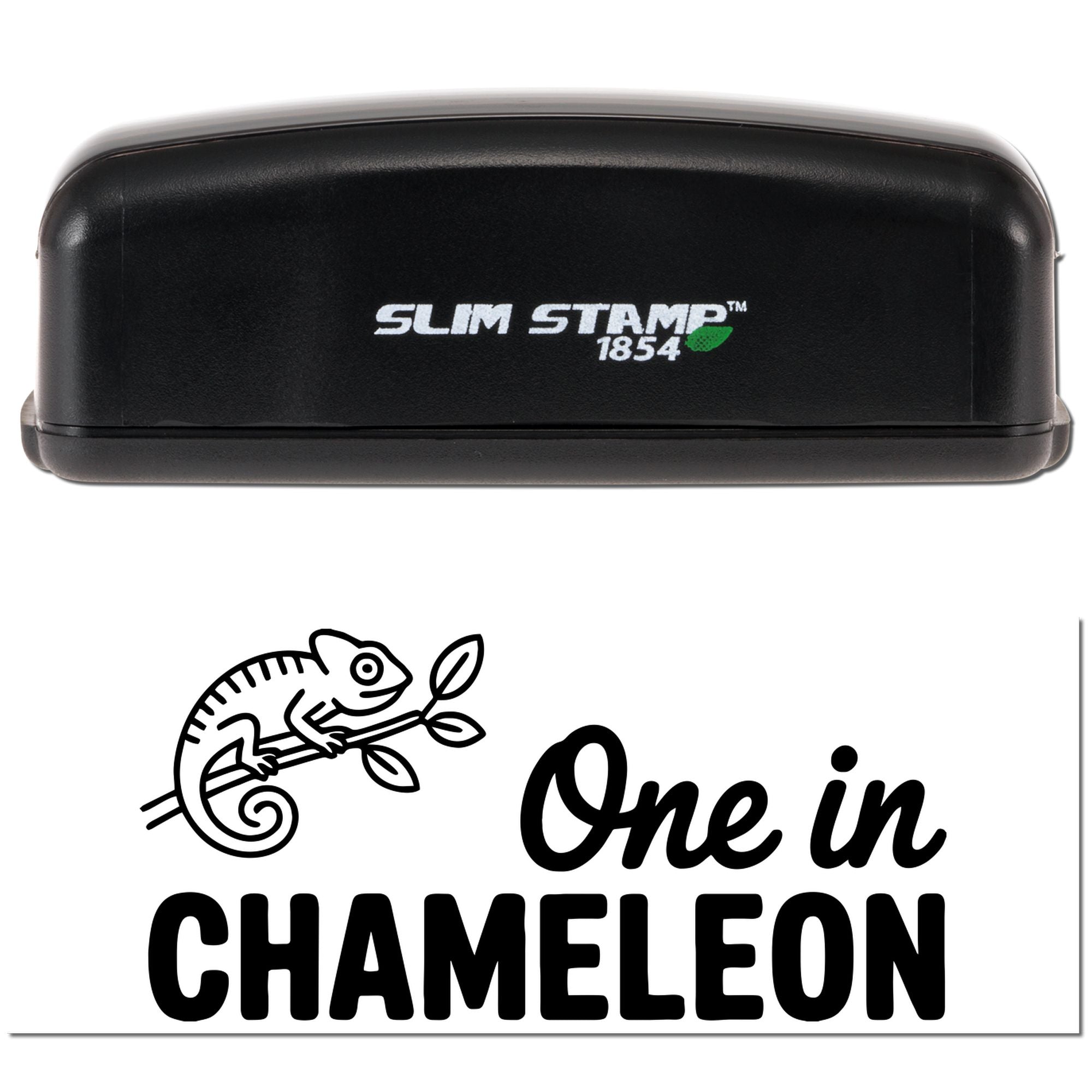 Black Slim Stamp 1854 desk seal with custom chameleon logo and One in CHAMELEON imprint sample.