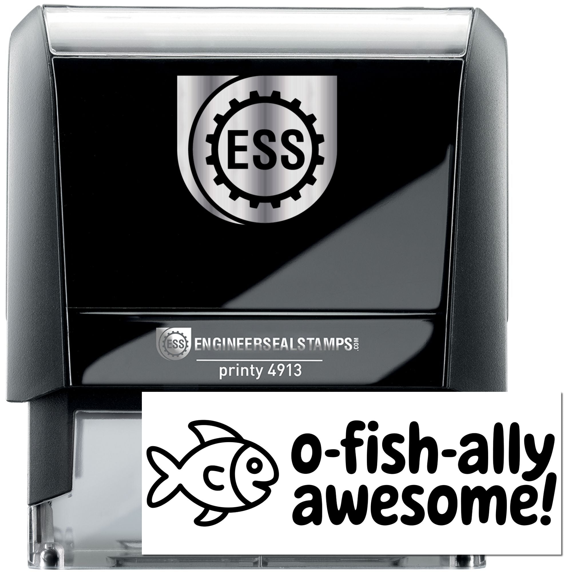 Black self-inking ESS stamp and white seal card with fish graphic and o-fish-ally awesome! text