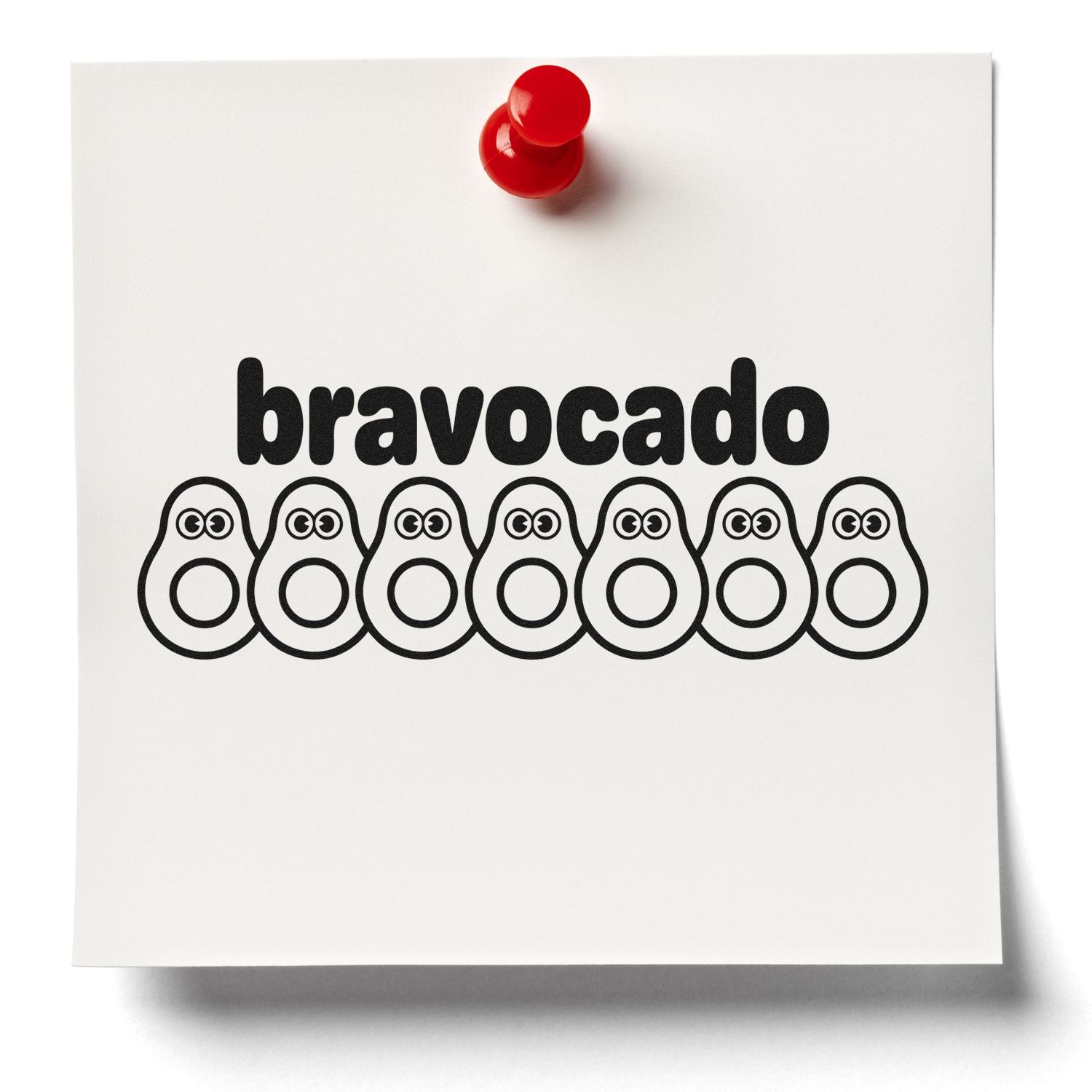 White stamp seal card with black bravocado text, avocado icons, and a red pushpin at top.