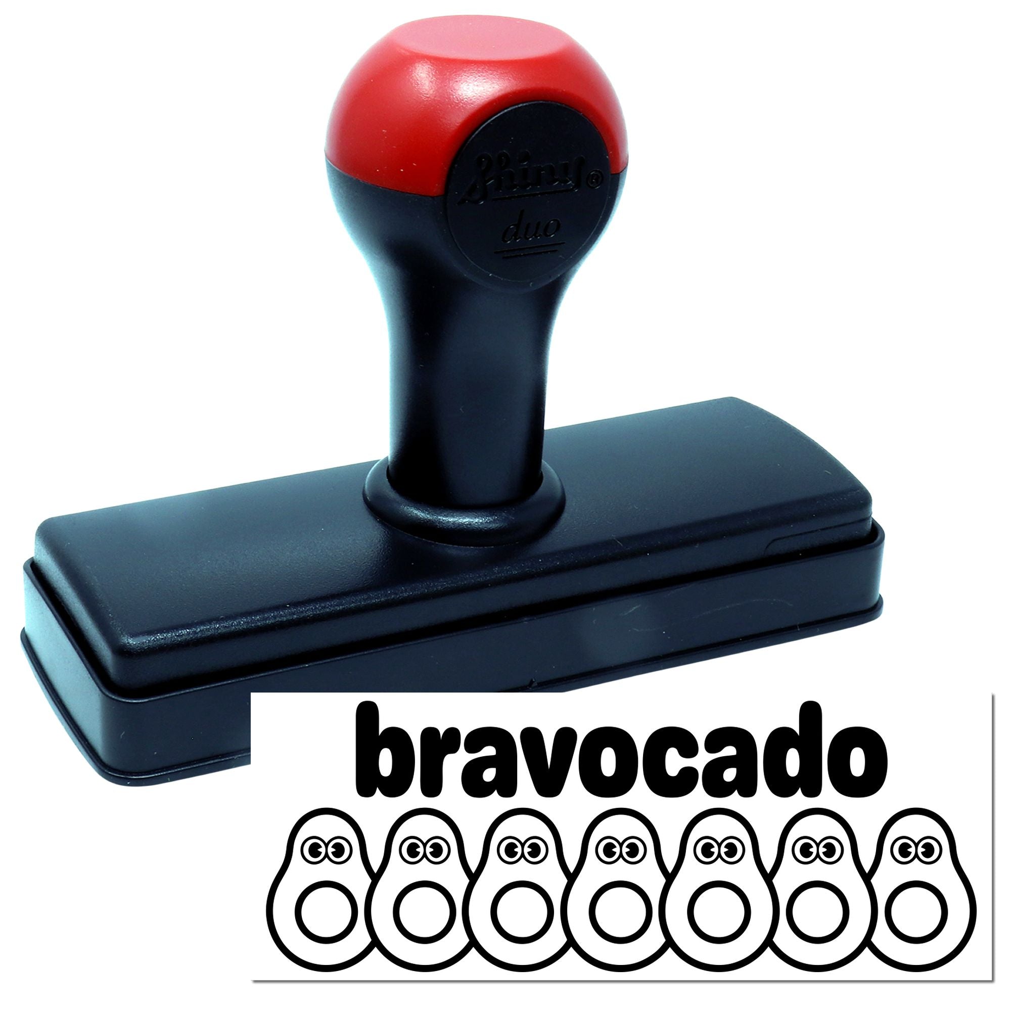 Red and black self-inking stamp and seal with Bravocado logo on a white background