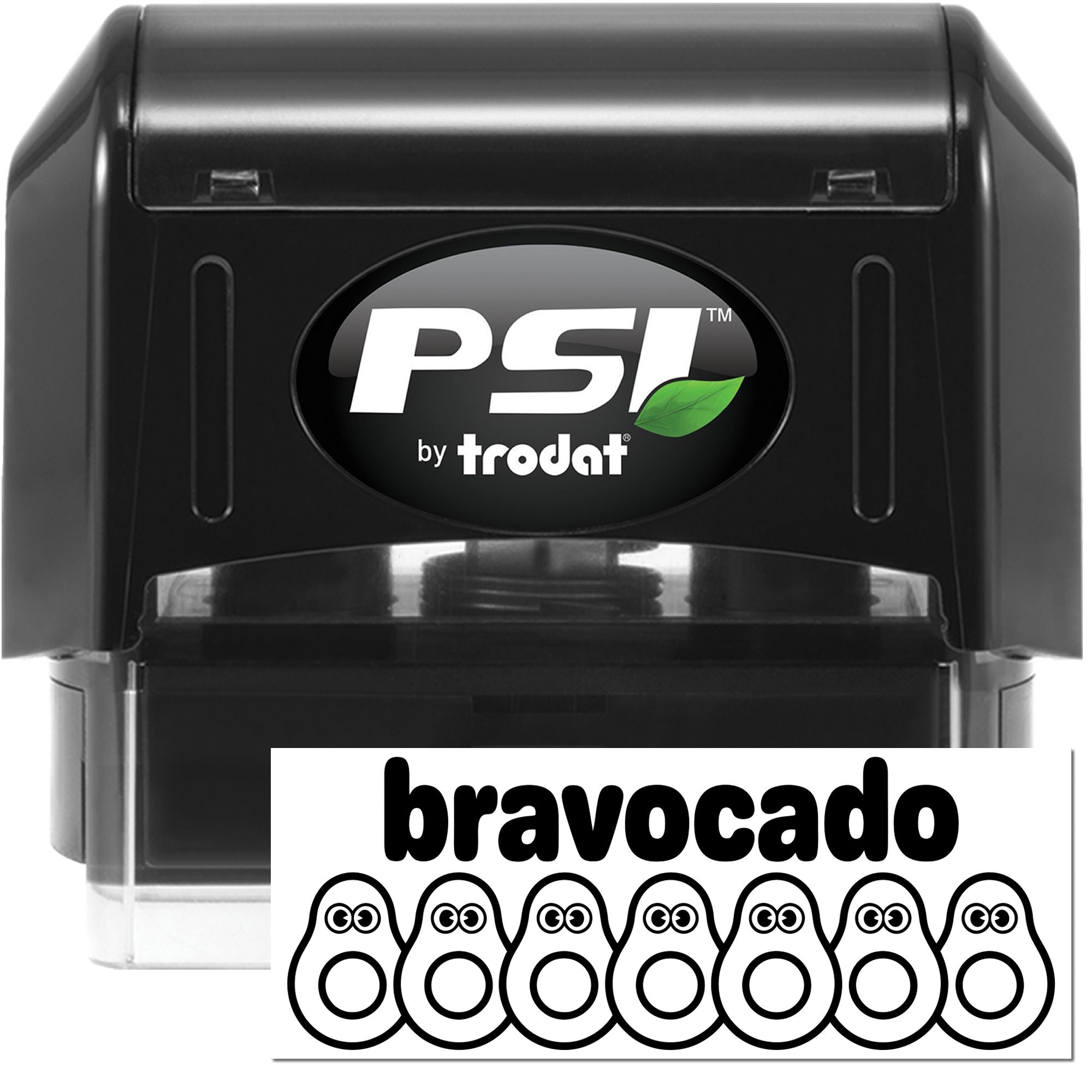 Black PSI by Trodat self-inking stamp and seal set with white bravocado logo and green leaf accent.