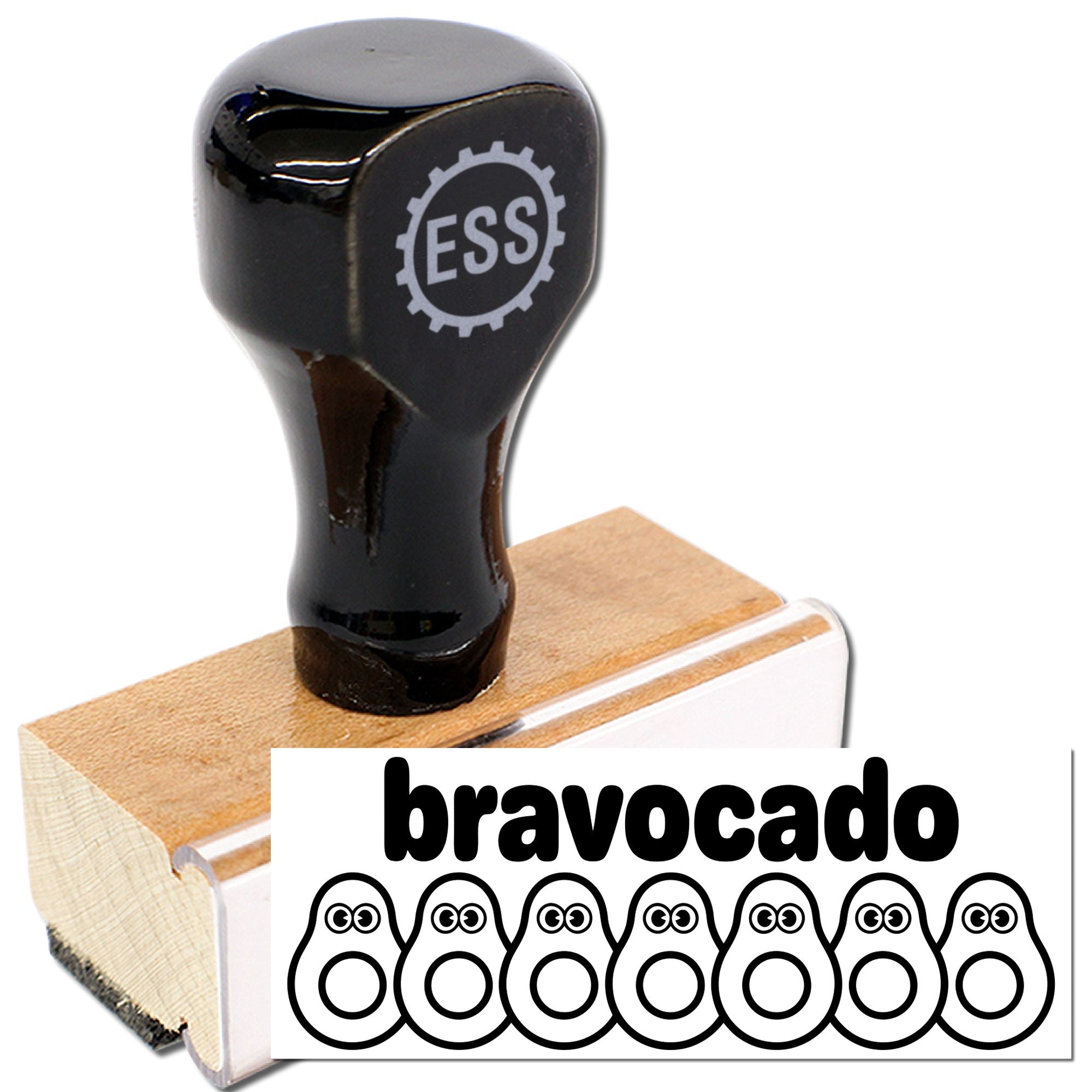 Black ESS rubber stamp and wooden seal block beside a Bravocado logo card on a white background