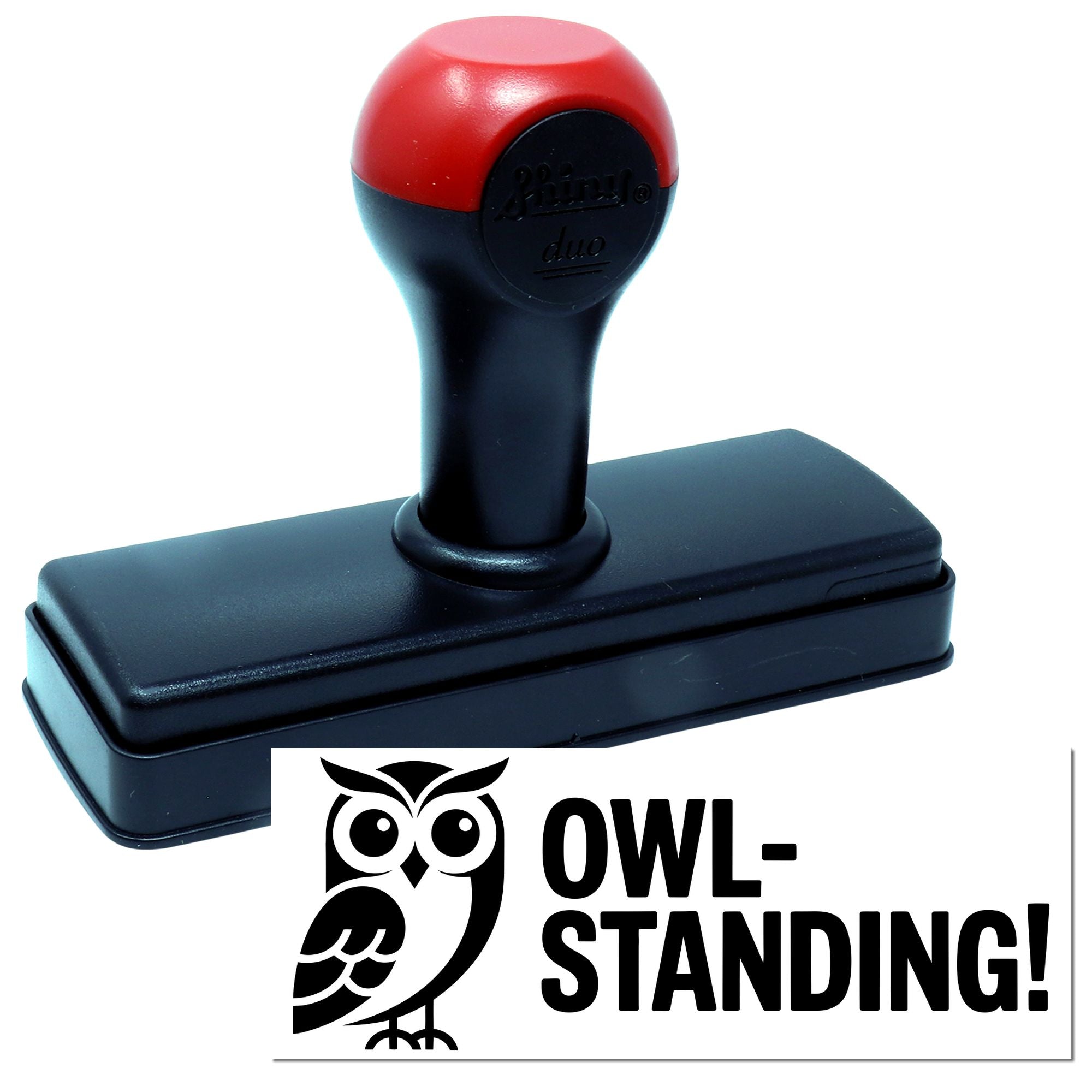 Red and black self-inking stamp and seal with owl standing logo on white background