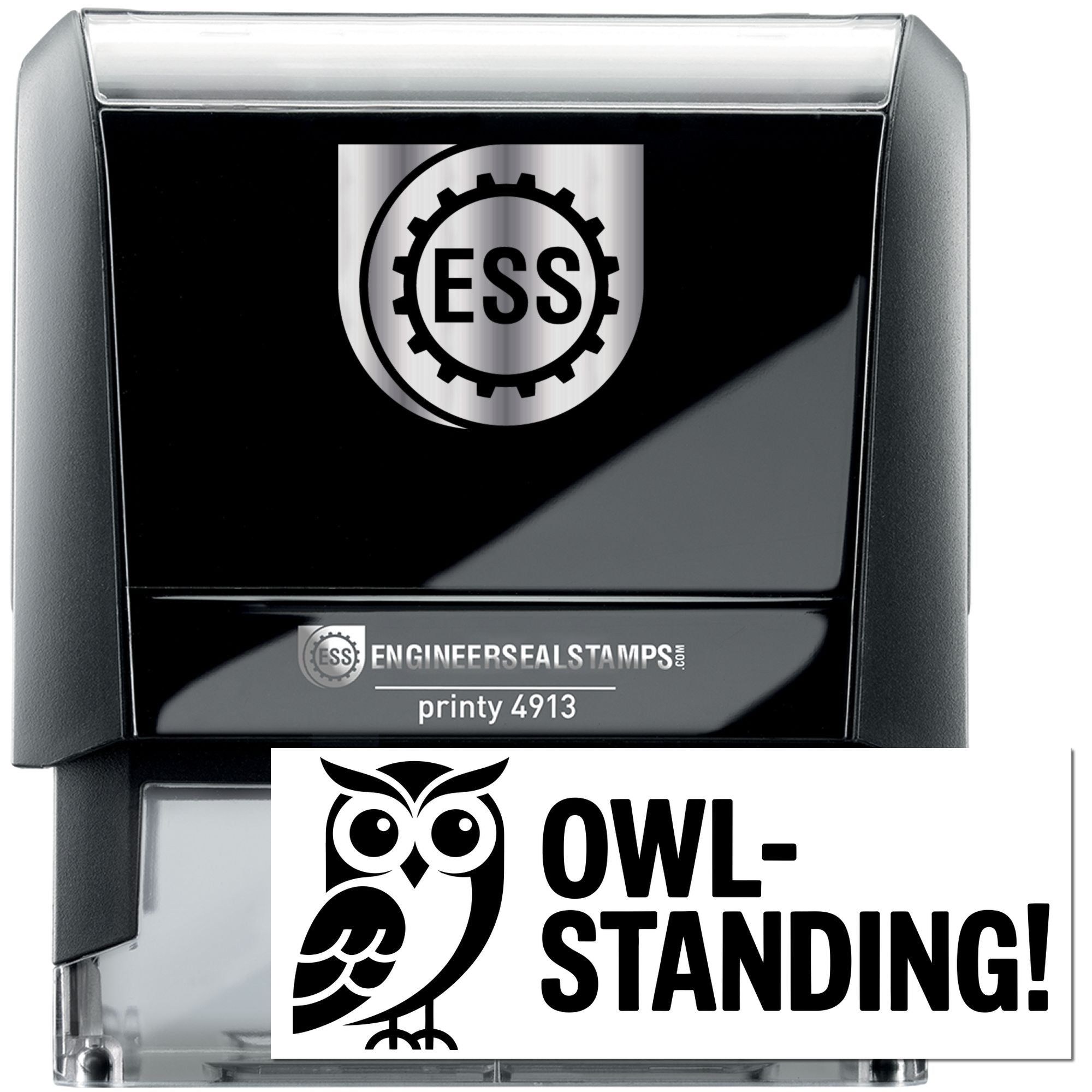 Black self-inking stamp and seal in black, silver, and white with ESS logo and owl-standing design insert.