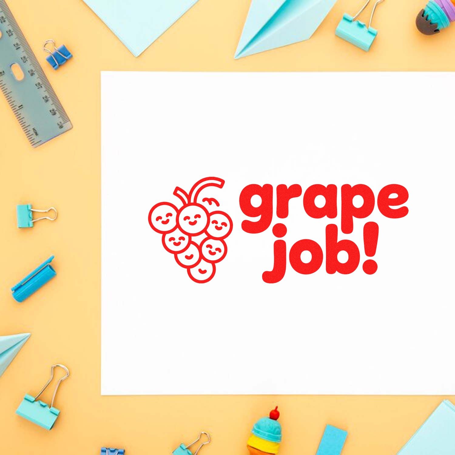 Red grape job! stamp and seal design on white paper, with pastel blue stationery on a yellow background.
