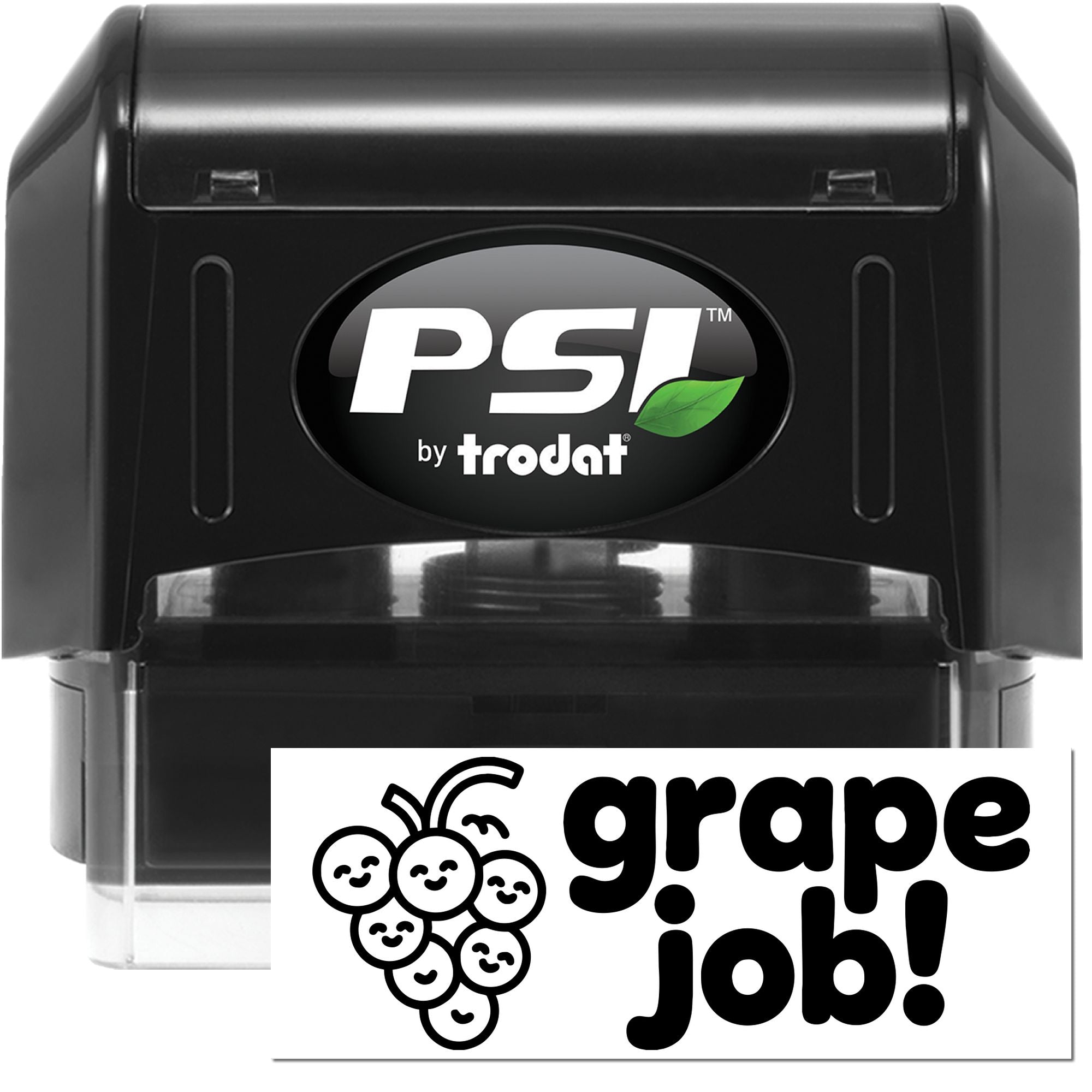 Black PSI by Trodat self-inking stamp with green leaf logo and white grape job! seal card with bold black text.