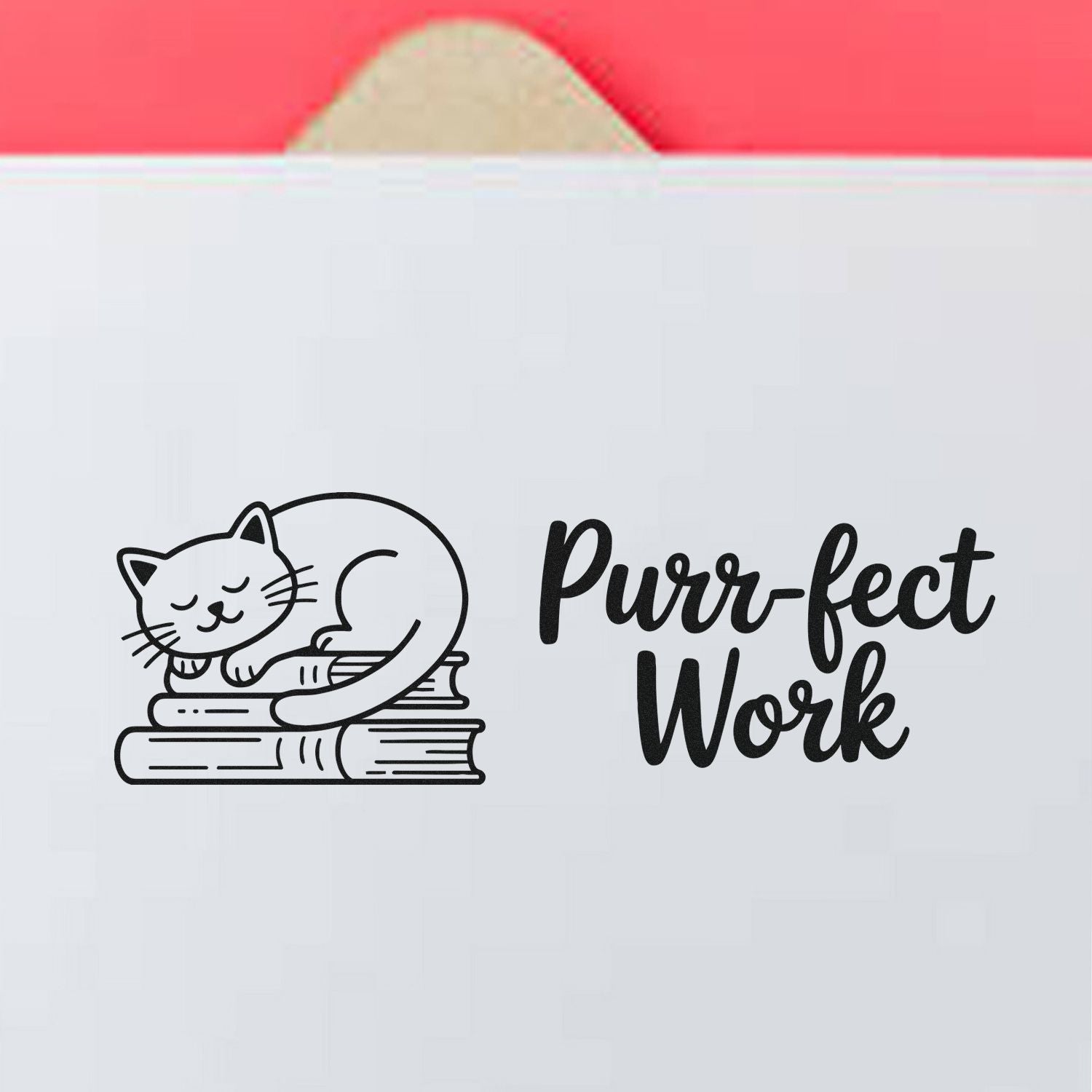 Black cat on stacked books with Purr-fect Work text, black stamp and seal design on white with pink top band.