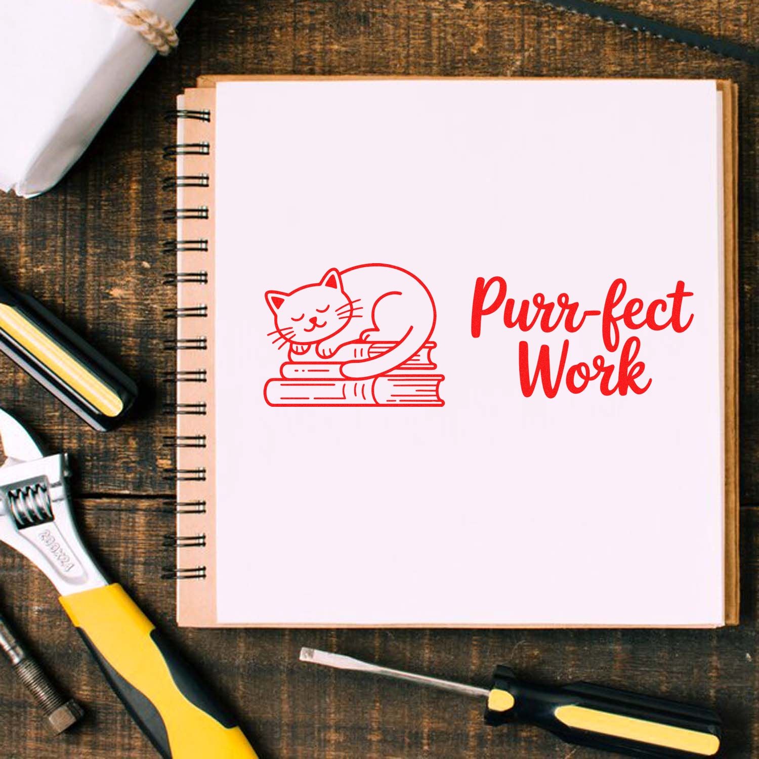 Red cat stamp seal reading Purr-fect Work on a white notebook, with tools on a rustic wood desk.